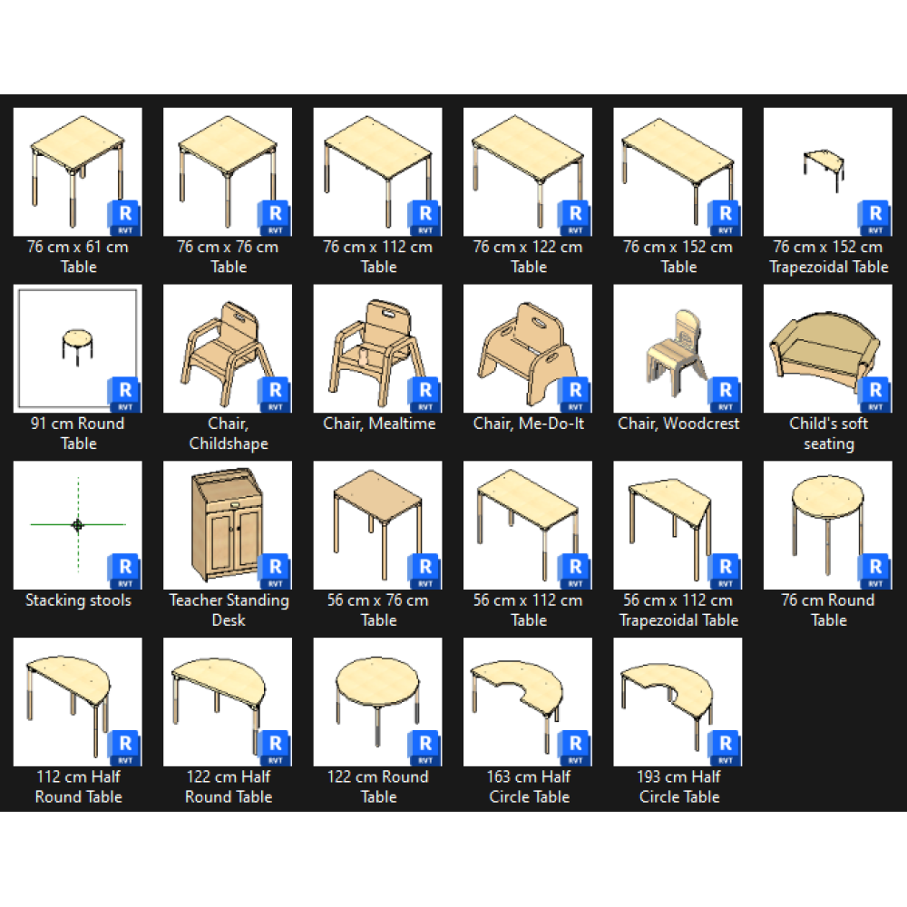 Pack Mobiliário Infantil Mesas e cadeiras BIM REVIT